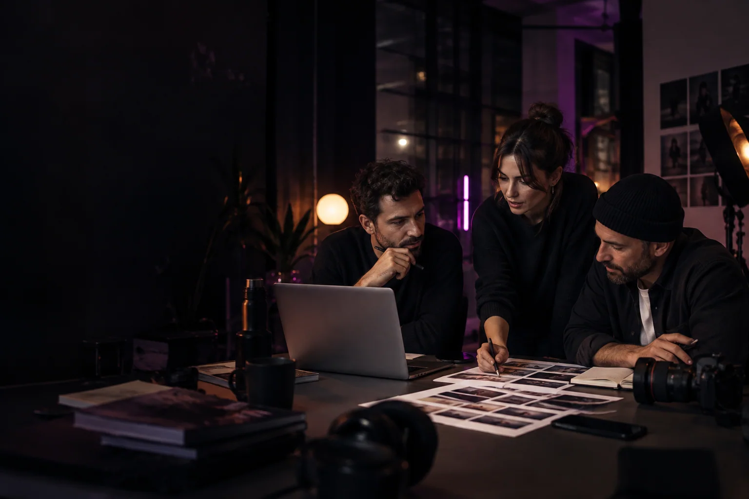 Equipo creativo revisando un calendario de contenido en un estudio